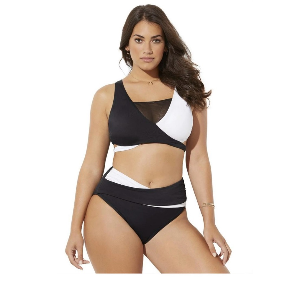 NWT Swimsuits For All Women's Hollywood Colorblock Wrap Bikini Set Black/White